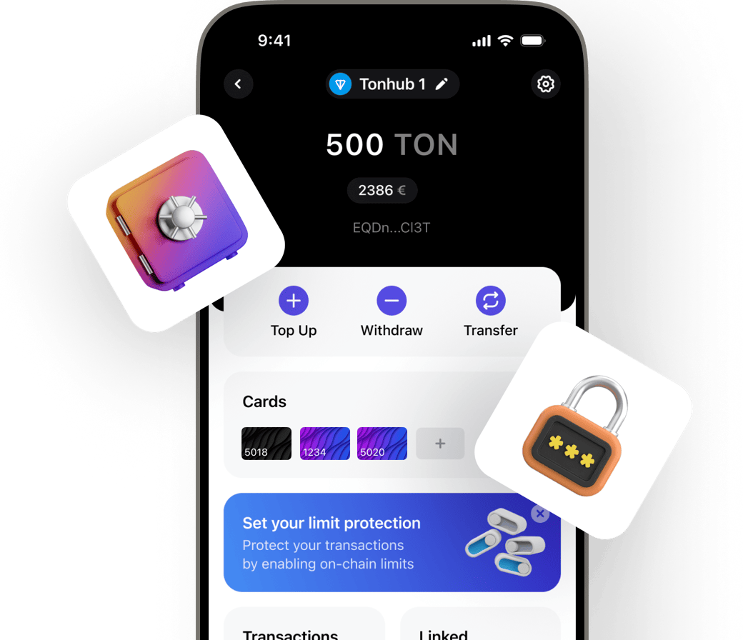 The Tonhub app home screen: a 500 TON balance with Top Up, Withdraw and Transfer buttons, linked cards, and on-chain limit protection